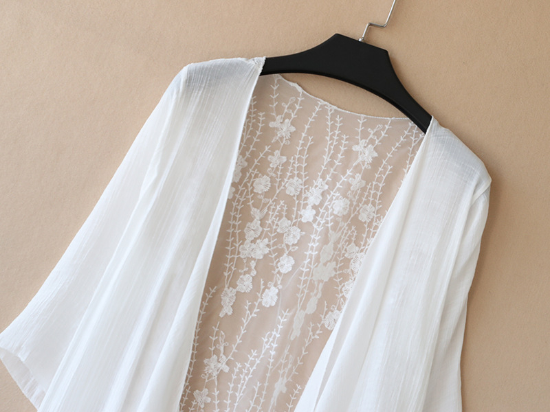 Γυναικείος δαντελένιος cardigan με κοντή έως μεσαία γραμμή για προστασία από τον ήλιο – λεπτό καλοκαιρινό εξωτερικό, Patchwork ραφές, γιακάς όρθιος, μανίκι ήμίμετρο, βαμβάκι 30–50%