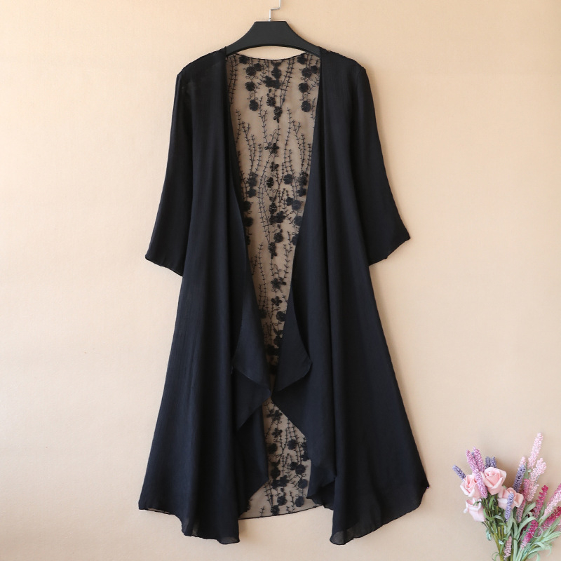 Γυναικείος δαντελένιος cardigan με κοντή έως μεσαία γραμμή για προστασία από τον ήλιο – λεπτό καλοκαιρινό εξωτερικό, Patchwork ραφές, γιακάς όρθιος, μανίκι ήμίμετρο, βαμβάκι 30–50%