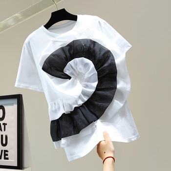 Памучна тениска с къс ръкав, 3D флорална шарка, тесен силует, цветно-блокиран дизайн чрез пришиване, кръгло деколте, японско-корейски стил