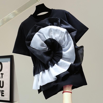 Βαμβακερή κοντομάνικη T‑Shirt, 3D φλοράλ σχέδιο, στενή γραμμή, ραφή color-block, λαιμός τύπου crewneck, ιαπωνο-κορεατικό casual στυλ