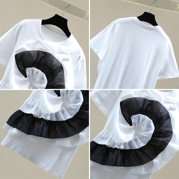 Βαμβακερή κοντομάνικη T‑Shirt, 3D φλοράλ σχέδιο, στενή γραμμή, ραφή color-block, λαιμός τύπου crewneck, ιαπωνο-κορεατικό casual στυλ