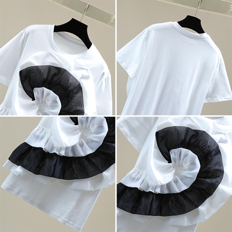 Памучна тениска с къс ръкав, 3D флорална шарка, тесен силует, цветно-блокиран дизайн чрез пришиване, кръгло деколте, японско-корейски стил