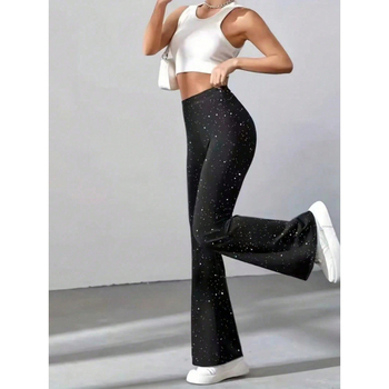 Пайетени клеш панталони за жени – средна талия, полиестер 95%+, тънък и лек плат, висока еластичност