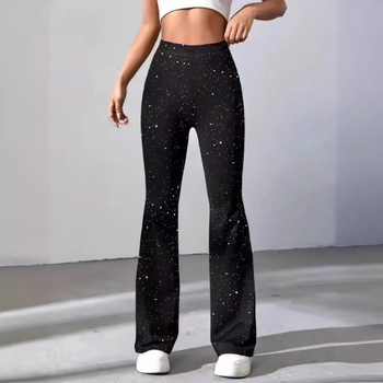 Пайетени клеш панталони за жени – средна талия, полиестер 95%+, тънък и лек плат, висока еластичност