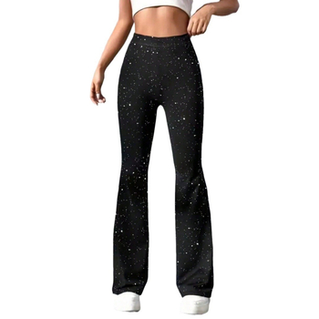 Пайетени клеш панталони за жени – средна талия, полиестер 95%+, тънък и лек плат, висока еластичност