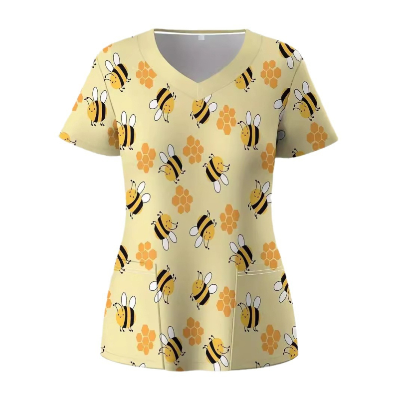 Top uniformă pentru asistentă medicală, decolteu în V, mâneci scurte, buzunar, poliester care evacuează umezeala, imprimare 3D cu albinuță, lungime medie 65-80 cm