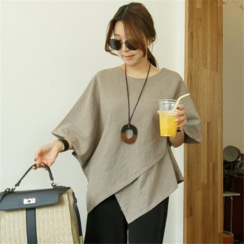 Риза с неравен подгъв, памучно-линова смес, 3/4 ръкав, свободна кройка, корейски стил ретро