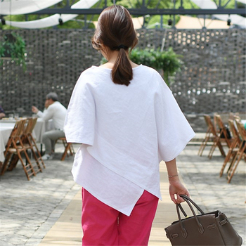 Риза с неравен подгъв, памучно-линова смес, 3/4 ръкав, свободна кройка, корейски стил ретро