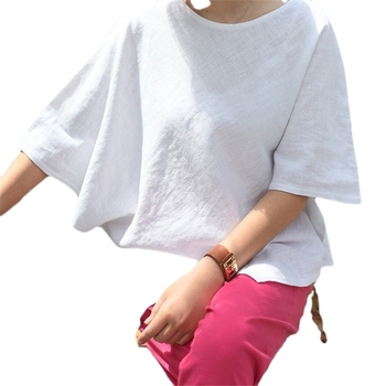 Риза с неравен подгъв, памучно-линова смес, 3/4 ръкав, свободна кройка, корейски стил ретро