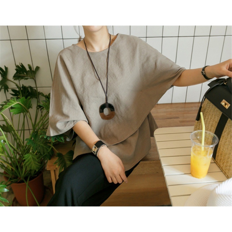 Риза с неравен подгъв, памучно-линова смес, 3/4 ръкав, свободна кройка, корейски стил ретро