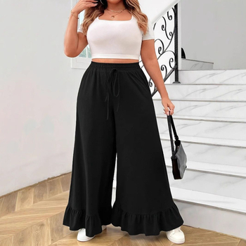 Ежедневни широки полиестерни панталони, висока талия, еластична талия, рюш детайл, пролет 2025