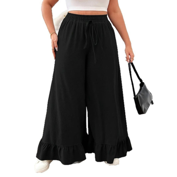 Ежедневни широки полиестерни панталони, висока талия, еластична талия, рюш детайл, пролет 2025