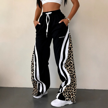 Moterų tiesios kelnės su dryželiu leopardo raštu, vidutinio aukščio juosmuo, poliesteris, didelis elastingumas, street-hipster stilius