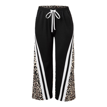 Moterų tiesios kelnės su dryželiu leopardo raštu, vidutinio aukščio juosmuo, poliesteris, didelis elastingumas, street-hipster stilius