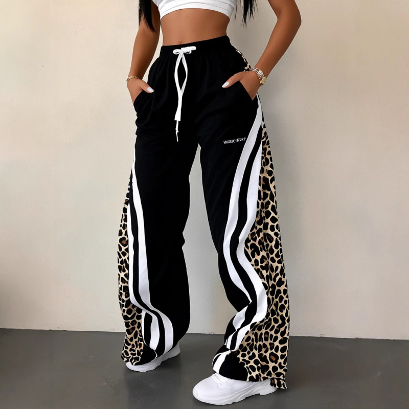 Moterų tiesios kelnės su dryželiu leopardo raštu, vidutinio aukščio juosmuo, poliesteris, didelis elastingumas, street-hipster stilius