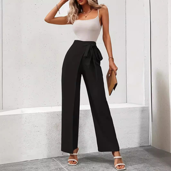 Дамски ежедневни прави панталони с висока талия и регулируем възел, полиестер-спандекс смес, средна дебелина