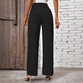 Дамски ежедневни прави панталони с висока талия и регулируем възел, полиестер-спандекс смес, средна дебелина