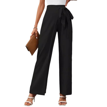 Дамски ежедневни прави панталони с висока талия и регулируем възел, полиестер-спандекс смес, средна дебелина