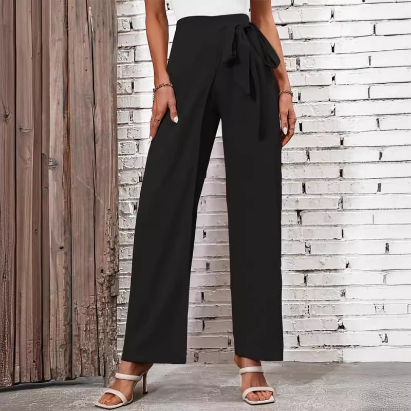 Női lezser, egyenes szabású nadrág magas derékkal, állítható csomó részlettel, poliészter-spandex keverék, közepes vastagság