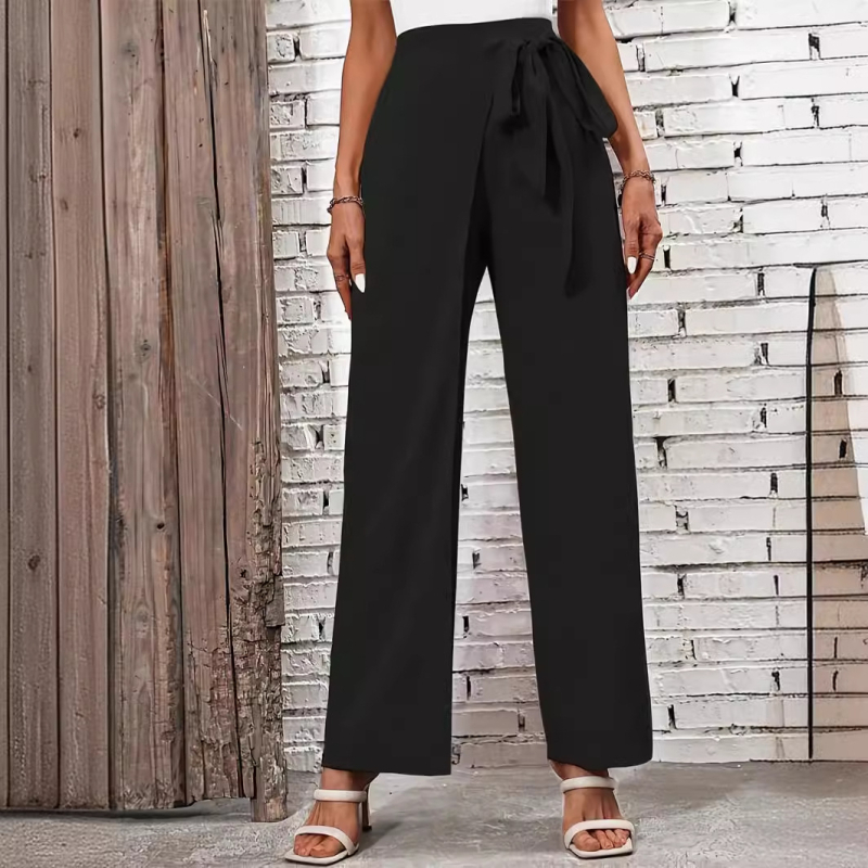 Női lezser, egyenes szabású nadrág magas derékkal, állítható csomó részlettel, poliészter-spandex keverék, közepes vastagság