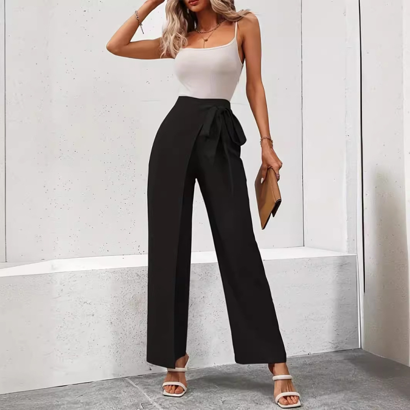 Női lezser, egyenes szabású nadrág magas derékkal, állítható csomó részlettel, poliészter-spandex keverék, közepes vastagság