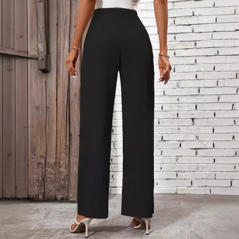 Női lezser, egyenes szabású nadrág magas derékkal, állítható csomó részlettel, poliészter-spandex keverék, közepes vastagság