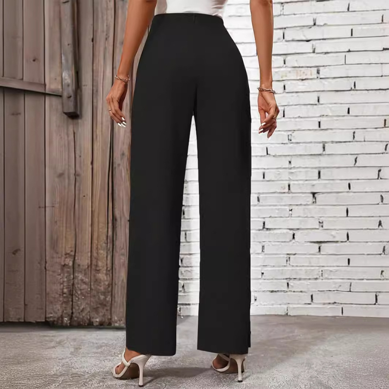 Női lezser, egyenes szabású nadrág magas derékkal, állítható csomó részlettel, poliészter-spandex keverék, közepes vastagság