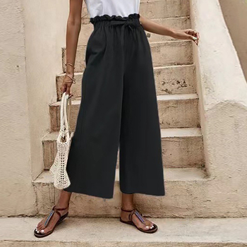 Панталони с широки крачоли, еластична талия, средно повдигната талия, дължина до глезена, полиестрова тъкан