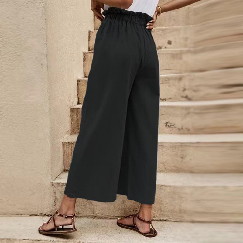 Széles nadrág elasztikus derékkal, középmagas derekú, bokáig érő hosszúságú, poliészter anyag