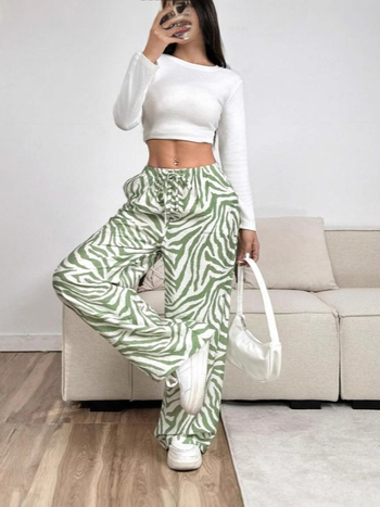 Ежедневни панталони със зебра принт, с връзки, средна талия, прав крак, полиестер-спандекс смес (95%+)