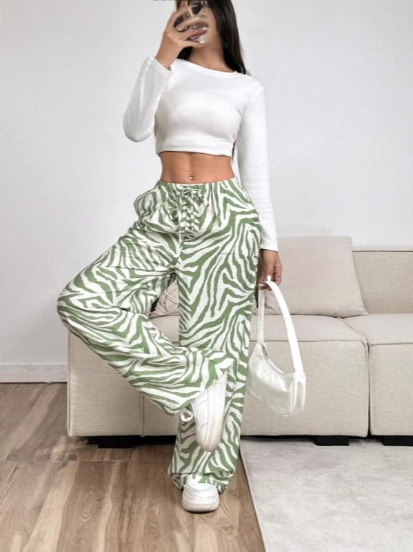 Ежедневни панталони със зебра принт, с връзки, средна талия, прав крак, полиестер-спандекс смес (95%+)