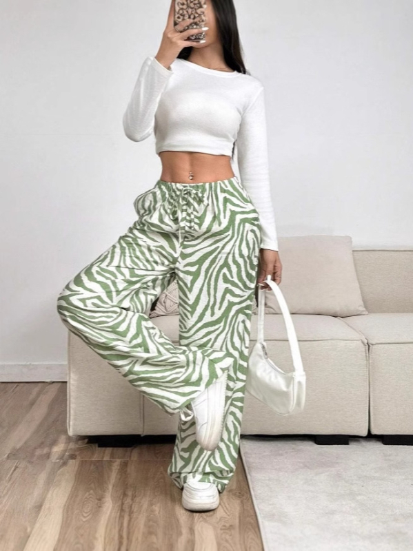 Ежедневни панталони със зебра принт, с връзки, средна талия, прав крак, полиестер-спандекс смес (95%+)