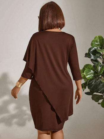 Φόρεμα με V-λαιμόκοψη, ασύμμετρο τελείωμα, midi μήκος, μανίκια 3/4, πολυεστέρας.