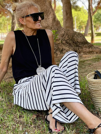 Shiying лято панталони с висока талия за жени – принт на ивици, полиестер-памук смес, широки прави крачоли (лято 2023)