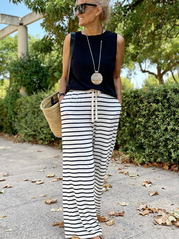 Shiying лято панталони с висока талия за жени – принт на ивици, полиестер-памук смес, широки прави крачоли (лято 2023)