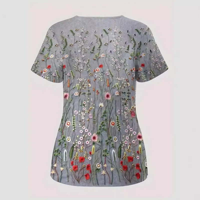 Uniformă de asistentă medicală cu imprimeu floral 3D, decolteu în V, mâneci scurte, buzunare duble