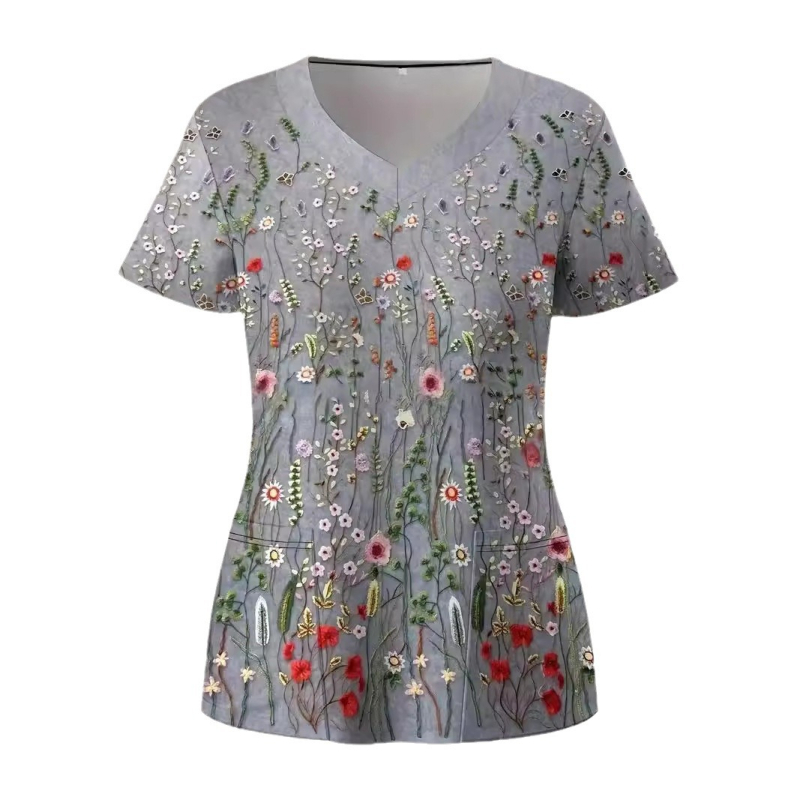 Uniformă de asistentă medicală cu imprimeu floral 3D, decolteu în V, mâneci scurte, buzunare duble