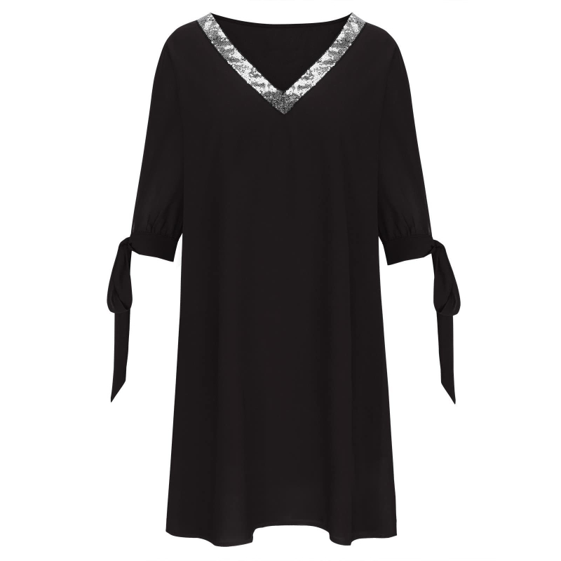 Rochie cu decolteu în V, croială în formă de A, mâneci lungi, culoare solidă, poliester 95%+