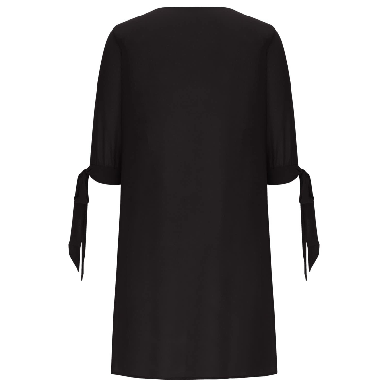 Rochie cu decolteu în V, croială în formă de A, mâneci lungi, culoare solidă, poliester 95%+