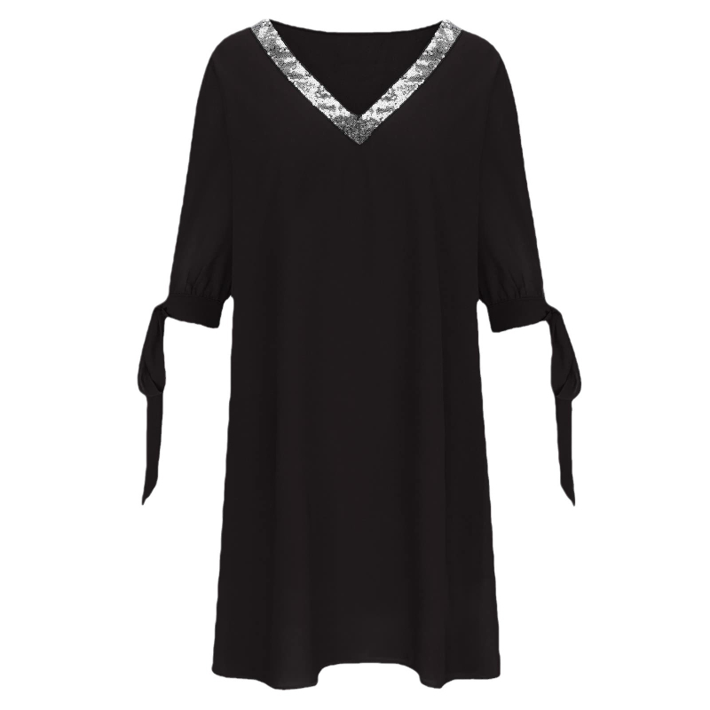 Rochie cu decolteu în V, croială în formă de A, mâneci lungi, culoare solidă, poliester 95%+