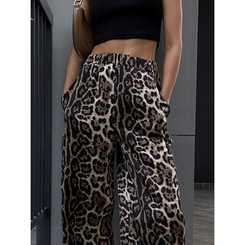 Панталони с леопардов принт, висока талия, широки крачоли, полиестер 95%+, есен 2024