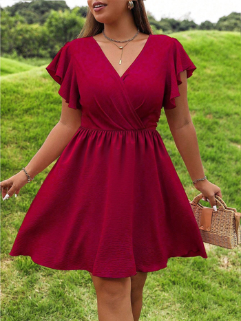 Φόρεμα με V-λαιμό, Α-γραμμή, κοντά μανίκια με βολάν, πλεκτό ύφασμα πολυεστέρα-ελαστάνη, μονόχρωμο, μεσαίου μήκους