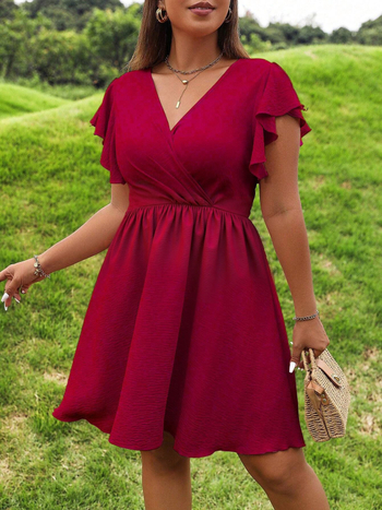 Φόρεμα με V-λαιμό, Α-γραμμή, κοντά μανίκια με βολάν, πλεκτό ύφασμα πολυεστέρα-ελαστάνη, μονόχρωμο, μεσαίου μήκους