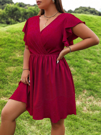 Φόρεμα με V-λαιμό, Α-γραμμή, κοντά μανίκια με βολάν, πλεκτό ύφασμα πολυεστέρα-ελαστάνη, μονόχρωμο, μεσαίου μήκους