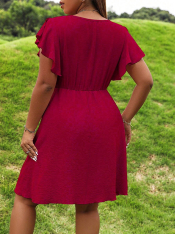 Φόρεμα με V-λαιμό, Α-γραμμή, κοντά μανίκια με βολάν, πλεκτό ύφασμα πολυεστέρα-ελαστάνη, μονόχρωμο, μεσαίου μήκους