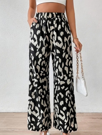 Полиестерни прави панталони с леопардов принт, свободен силует, средна талия, дълги панталони