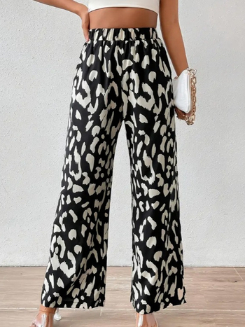 Полиестерни прави панталони с леопардов принт, свободен силует, средна талия, дълги панталони
