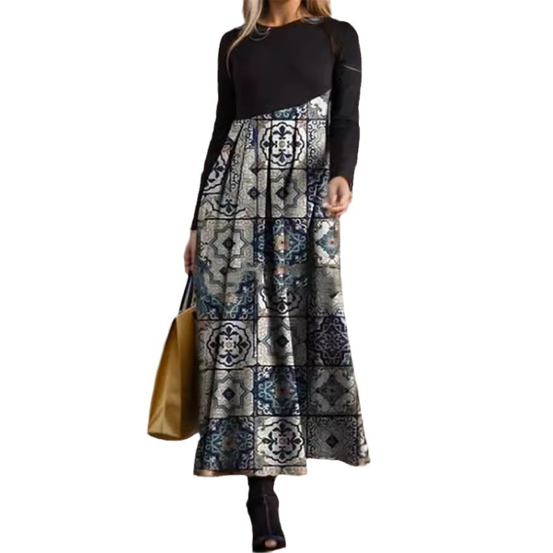 Πολυεστερικό ύφασμα, εκτύπωση σε χρωματική αντιστοίχιση, φόρεμα με εκτύπωση, μακρύ φόρεμα σε γραμμή Α