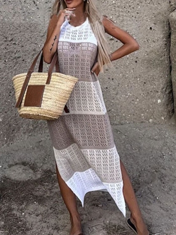 Ακρυλικό ριγέ πλεκτό φόρεμα με στρογγυλό λαιμό, χωρίς μανίκια, μακριά φούστα