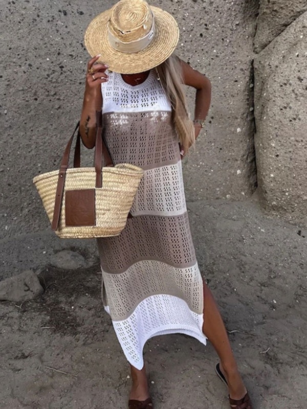 rochie tricotată din acril, cu dungi, guler rotund, fără mâneci, lungă